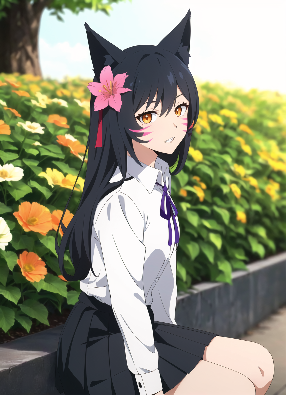 3978527842-3699305235-nixeu, ahri, ahri__(league_of_legends_), 1girl, animal ears, bangs, black hair, black skirt, blue ribbon, blurry background, col.png